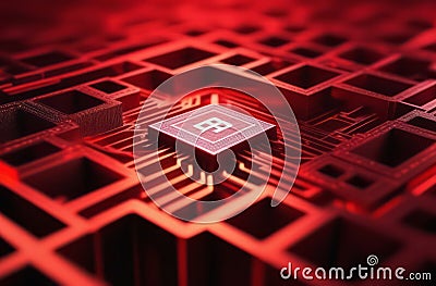 A red cube with the icon Bitcoin on it is on a red surface. A red box with the word Bitcoin on it a red surface with Stock Photo