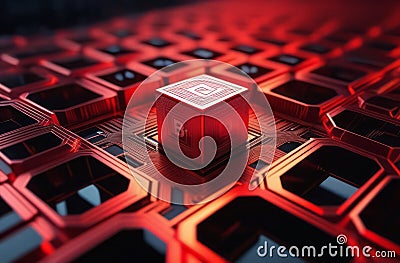 A red cube with the icon Bitcoin on it is on a red surface. A red box with the word Bitcoin on it a red surface with Stock Photo