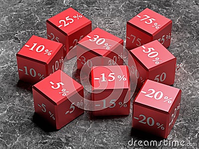 Red cubes with different discounts for sale. Figures with percentages Stock Photo