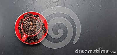 Red cup and coffee beans on a black background, Stock Photo