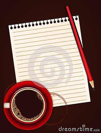 Red cup of coffee, blank note paper and pencil Vector Illustration