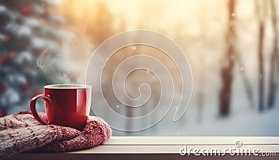Red cup of coffee wrapped in wool scarf on table against winter forest background with blurred Christmas tree Stock Photo