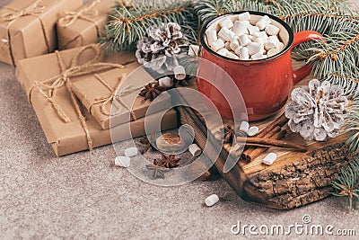 Red cup of hot cocoa with marshmallow Stock Photo