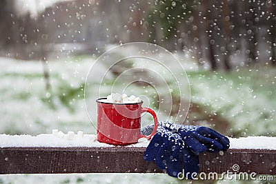 Red cup on a snow bridge in a winter park Stock Photo
