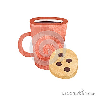 Red cup of tea and sweet cookie. Mug of fresh coffee. Tasty snack and beverage for breakfast. Flat vector icon with Vector Illustration