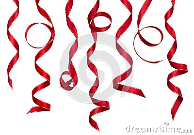 Red curled decoration ribbon collection isolated on white Stock Photo