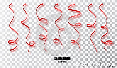 Red curly ribbon serpentine confetti. Red streamers set on transparent background. Colorful design decoration party Vector Illustration