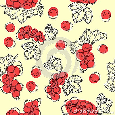 Red currant fruit seamless vector pattern. White background with red currant berries. Best for design of food packaging juice brea Vector Illustration