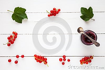 Red currant jam and fresh redcurrant berries as border Stock Photo