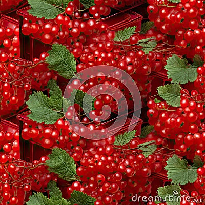 Red Currant Packaging Seamless Pattern, Redcurrant in Paper Boxes, Many Red Currant Berries Stock Photo