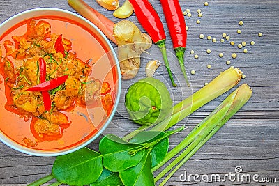 Red curry chicken, Thai Spicy food and fresh herb ingredients on Stock Photo
