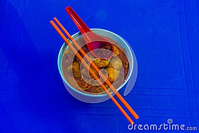 Red Curry Soup with Fishballs Stock Photo