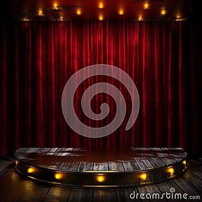 Red curtain stage with lights Stock Photo