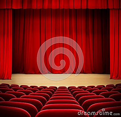Red curtain on theater wood stage with red velvet Stock Photo