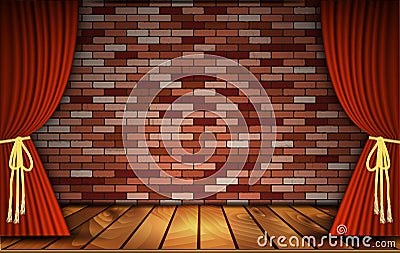 Red curtains on brick wall Vector Illustration