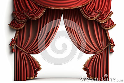 Red curtains. Realistic luxury curtain decoration. Generative AI Stock Photo