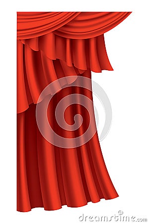 Red curtains realistic. Theater fabric silk decoration for movie cinema or opera hall. Curtains and draperies interior Vector Illustration