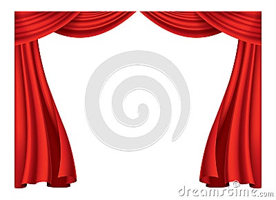 Red curtains realistic. Theater fabric silk decoration for movie cinema or opera hall. Curtains and draperies interior Vector Illustration