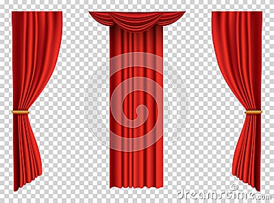 Red curtains realistic. Theater fabric silk decoration for movie cinema or opera hall. Curtains and draperies interior Vector Illustration