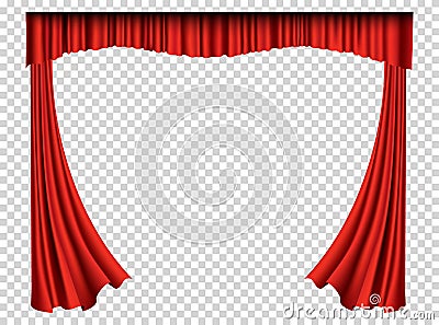 Red curtains realistic. Theater fabric silk decoration for movie cinema or opera hall. Curtains and draperies interior Vector Illustration