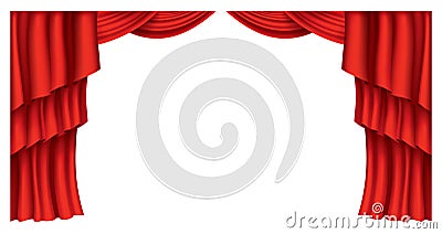 Red curtains realistic. Theater fabric silk decoration for movie cinema or opera hall. Curtains and draperies interior Vector Illustration