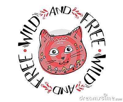 Red cute cat sketch vector illustration, print design cat, children print on t-shirt girl. hand drawn cat with round frame letteri Vector Illustration