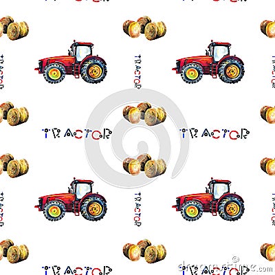 Red cute tractor and haystacks and letter tractor Stock Photo