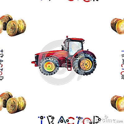 Red cute tractor and haystacks . Stock Photo