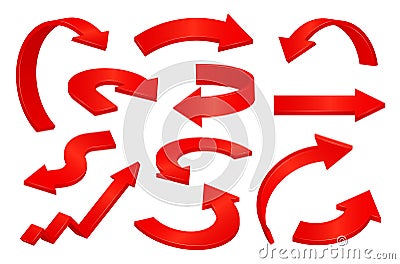 Red 3d arrows in realistic style set. Volumetric direction signs bright pointers guides Cartoon Illustration