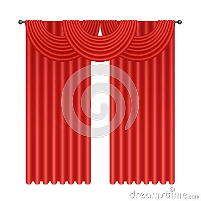 Red 3D curtains with soft silk elegant drapes of fabric on cornice Vector Illustration