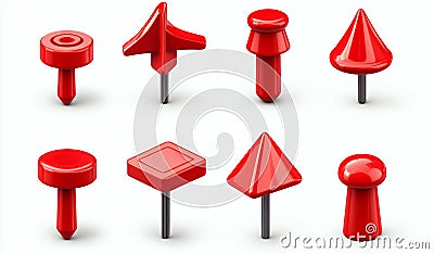 Red 3D Push Pins Navigation Markers Map Icons Shiny Design Elements Stock Photo