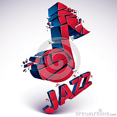 Red 3d vector shattered musical note with specks and refractions. Dimensional facet design music demolished symbol. Jazz music th Vector Illustration