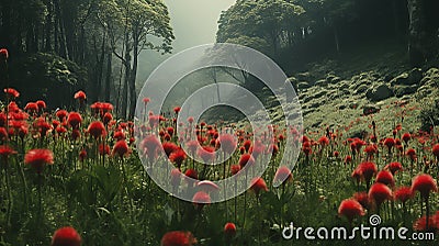 red dandelions creating a stunning contrast against the soft green grass Stock Photo