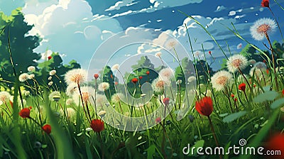 red dandelions creating a stunning contrast against the soft green grass Stock Photo