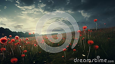 red dandelions creating a stunning contrast against the soft green grass Stock Photo
