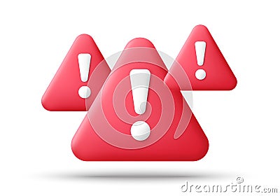 Red danger warning triangle 3d icon. Alert, caution or emergency notification symbol. Danger hazard notification. Vector Vector Illustration