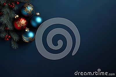 Red and Dark blue Christmas decoration balls with fir tree and xmas red berries on dark background. Merry christmas and happy new Stock Photo