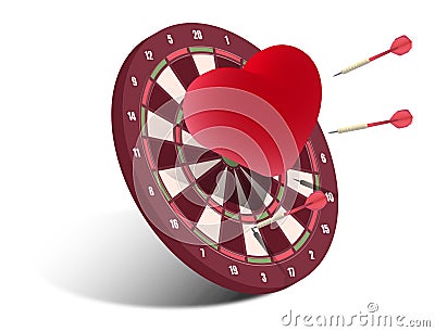 Red dart arrows in center of heart target. Struggle for the sympathy and heart of partner. Realistic 3d vector Vector Illustration