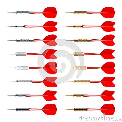Red dart arrows with metal tip isolated on white background. Dart throwing sport game, dartboard equipment. Vector Vector Illustration