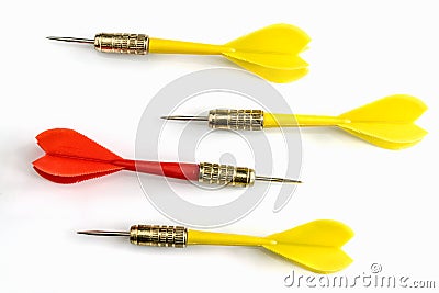 Red dart target on different direction from three yellow dart ta Stock Photo