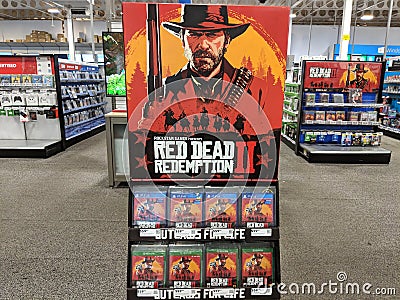 Red Dead Redemption 2 Video game display for Xbox One and PS4 inside a Best Buy Editorial Stock Photo