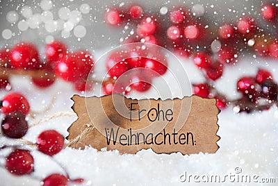 Red Decoration, Snow, Label, Frohe Weihnachten Means Merry Christmas, Snowflakes Stock Photo