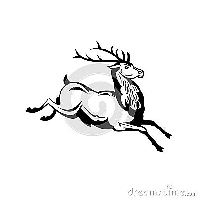 Red Deer Stag Running and Jumping Side View Retro Black and White Vector Illustration