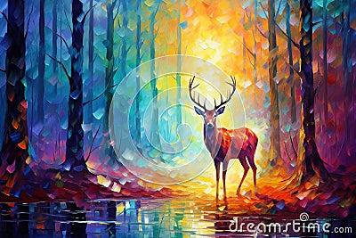 Red Deer Standing in Autumn Fall Forest Painting Stock Photo