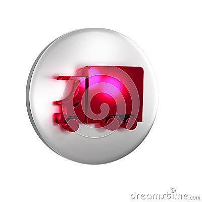 Red Delivery cargo truck vehicle icon isolated on transparent background. Silver circle button. Stock Photo