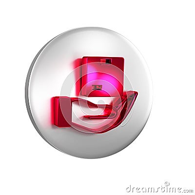 Red Delivery insurance icon isolated on transparent background. Insured cardboard boxes beyond the shield. Silver circle Stock Photo