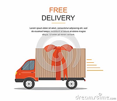 Red delivery van with ribbon on white background. Product goods shipping transport. Free service truck Vector Illustration