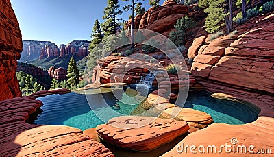 red desert cliff water holding waterfall sunshine mountain view Cartoon Illustration