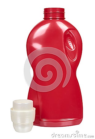 Red detergent bottle, liquid washing soap for textile. Isolated Stock Photo