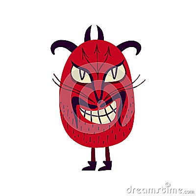 Red devil with a creepy face. Vibrant bright Strange ugly Halloween characters. Vector Illustration